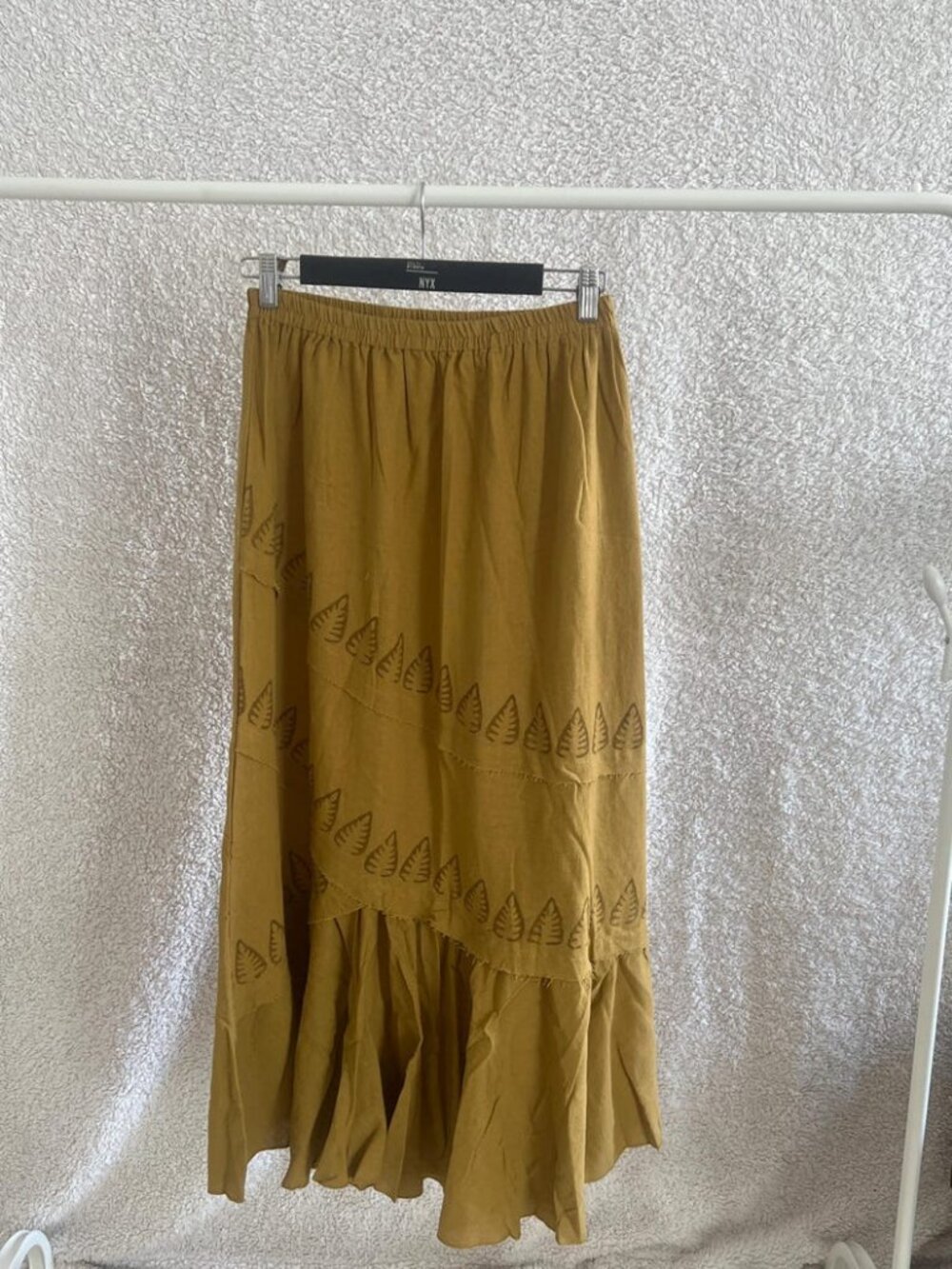 Thearah Gold Organic Cotton Leaf Print Maxi Skirt, Diagonal Panels